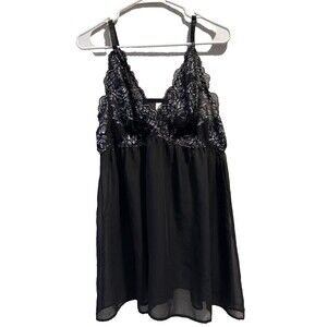 Cacique Lingerie Sexy Babydoll night Size 18/20 Black and silver trim Lace Nylon